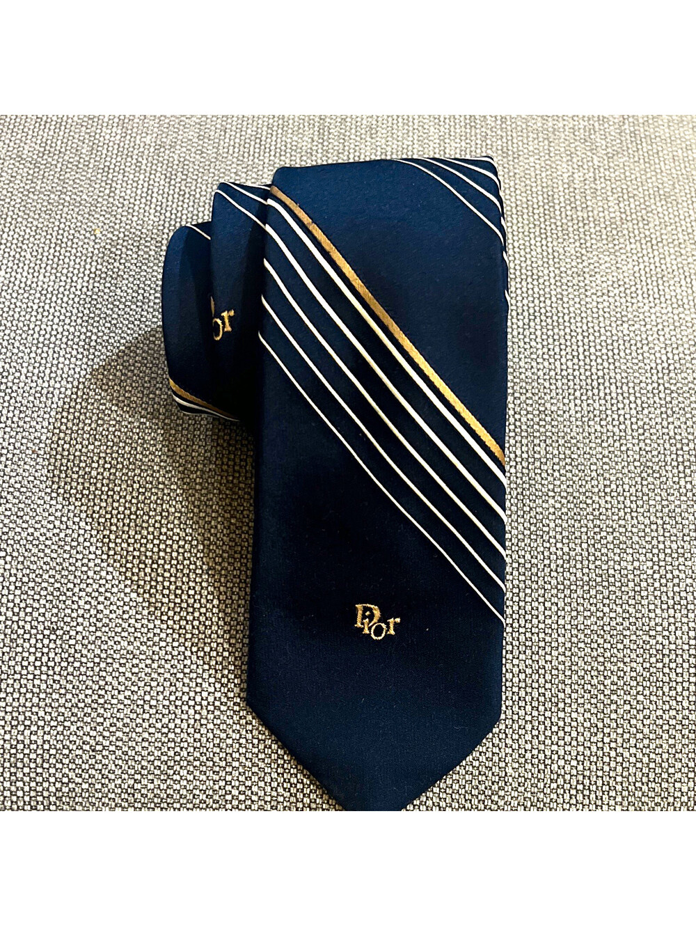 VNT Christian Dior Men’s Silk Tie Navy/White/Gold Striped Woven Embroidered Logo
